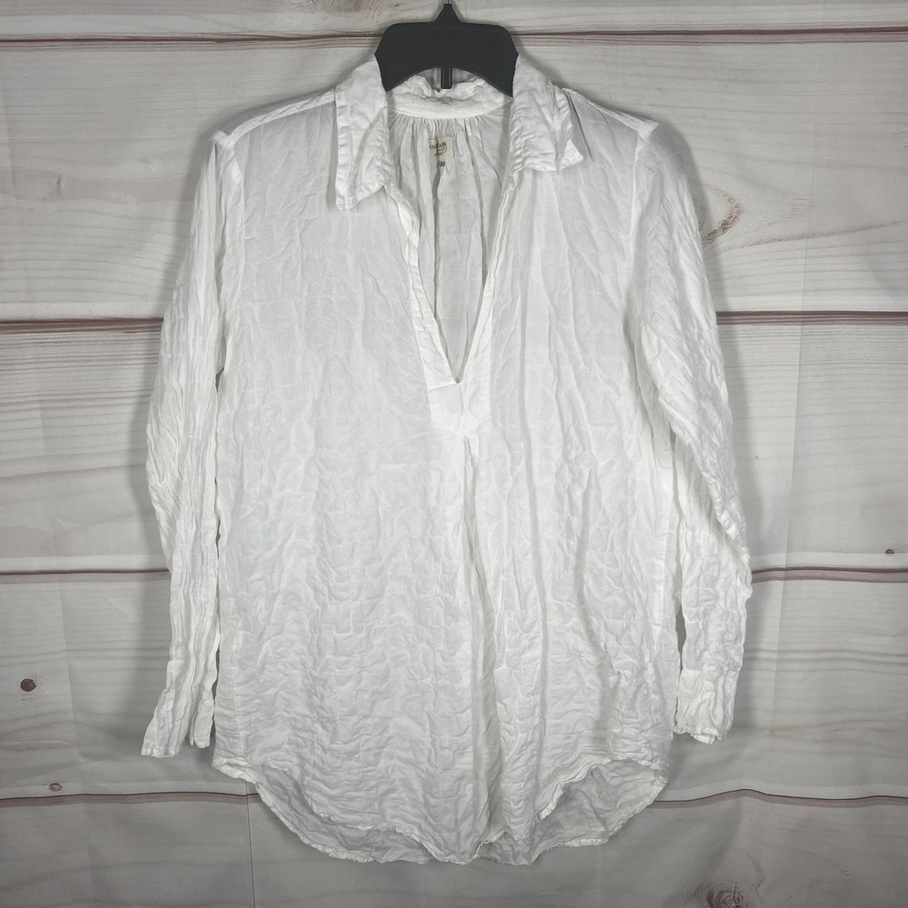 American Colors Gauze Tunic Top Womens M White Solid V-Neck Crinkle Long Sleeve